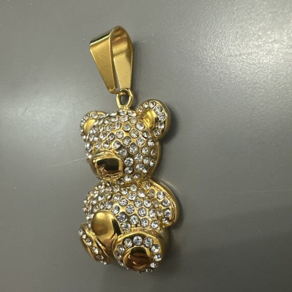 Teddy Bear Studded Gold Plated Stainless Steel Pendant 24 Inch Necklace Gift Her - Picture 2 of 6